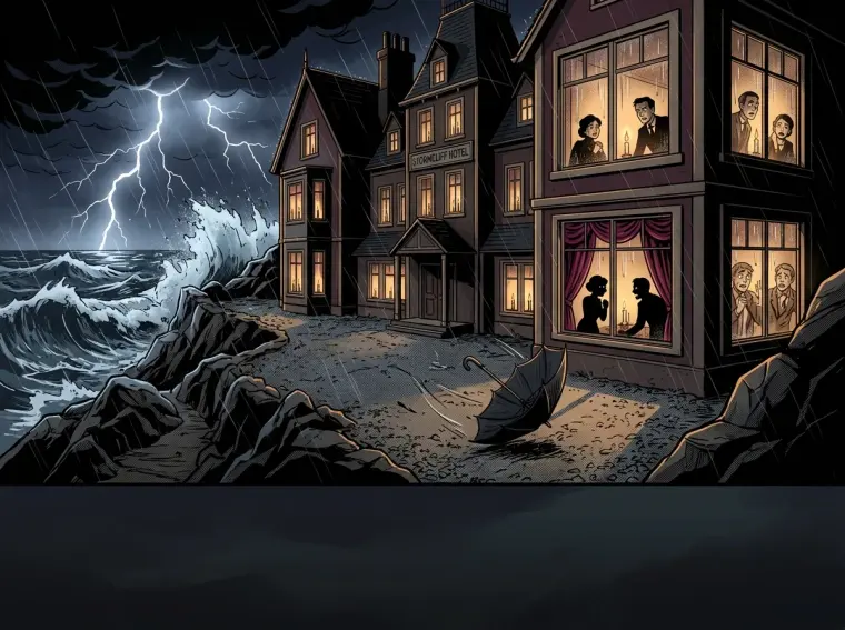 Une maison en bord de falaise pendant un orage : éclair, vagues sur les rochers, silhouettes éclairées à chaque fenêtre.