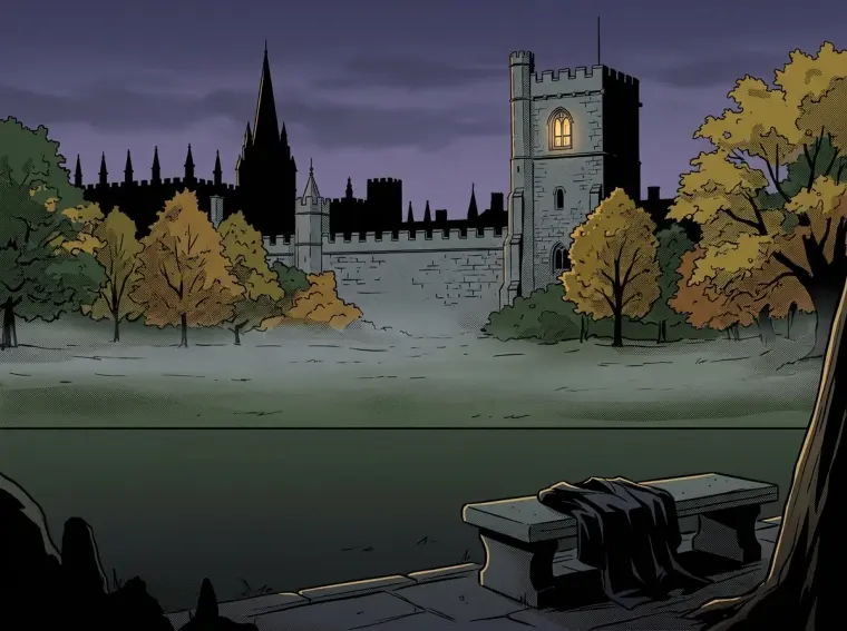 Les tours d’un collège d’Oxford au crépuscule derrière des arbres d’automne, un banc et un manteau oublié au premier plan.
