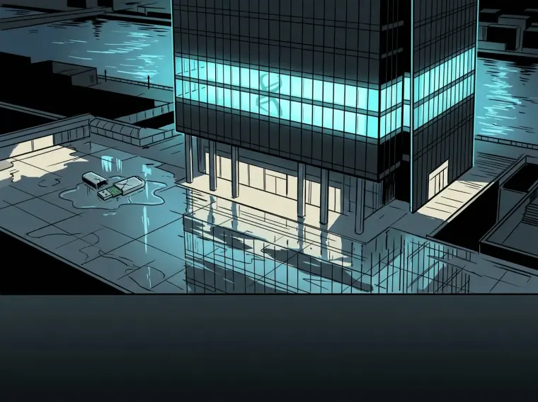 Une tour de verre la nuit, ses étages éclairés en cyan, reflétée sur une esplanade mouillée.