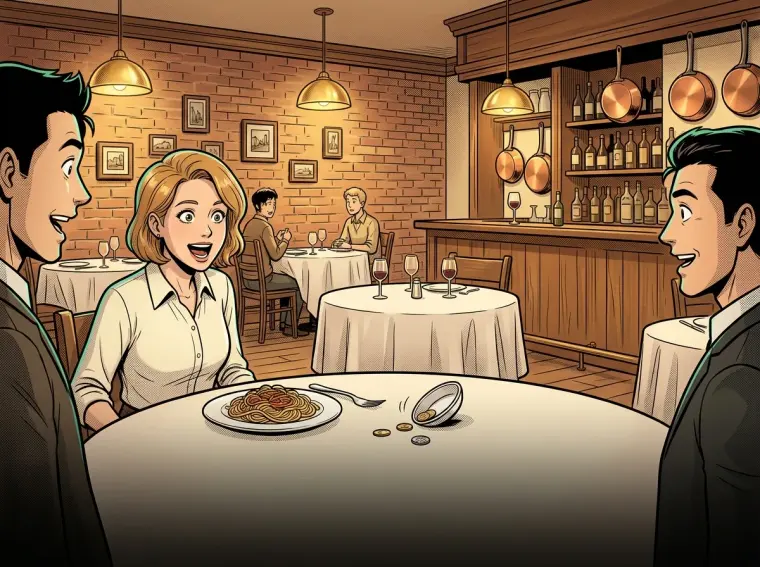 La salle d’un petit restaurant italien de Dean Street : nappes blanches, brique, cuivres au-dessus du bar, trois convives attablés.