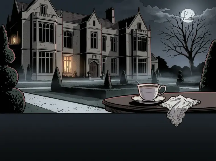 Un manoir de pierre au crépuscule derrière une pelouse gelée, une tasse et un mouchoir abandonnés sur une table au premier plan.