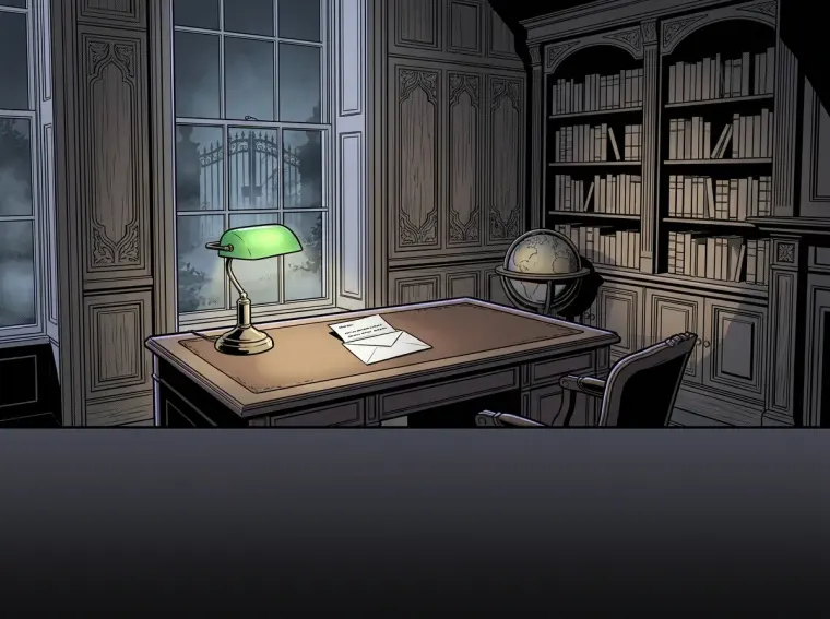Un bureau de nuit éclairé par une lampe de banquier à abat-jour vert, une lettre posée sur le sous-main, des rayonnages sombres derrière.