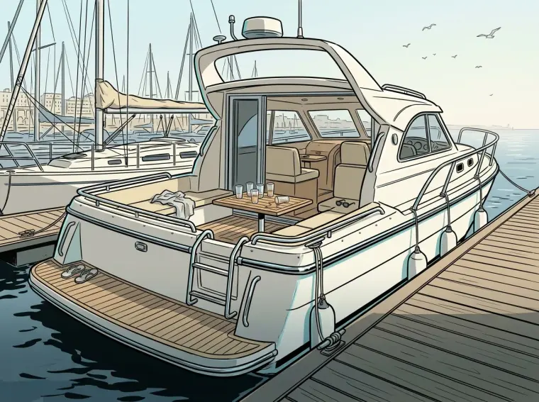 Un yacht à moteur blanc amarré dans une marina en plein jour, passerelle ouverte sur le ponton.