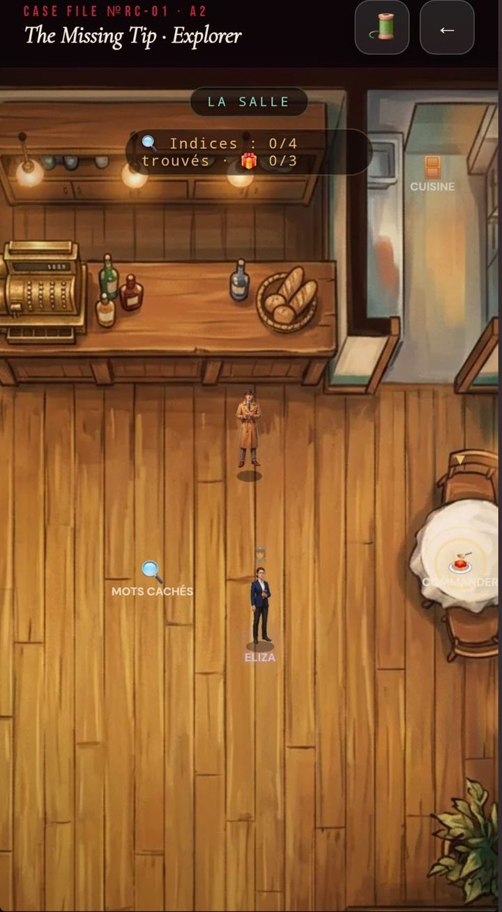 Mode Explorer d’EnglishQuest, épisode The Missing Tip : plan en vue de dessus d’une salle de restaurant, le détective se déplace vers le personnage Eliza, compteur d’indices 0 sur 4.