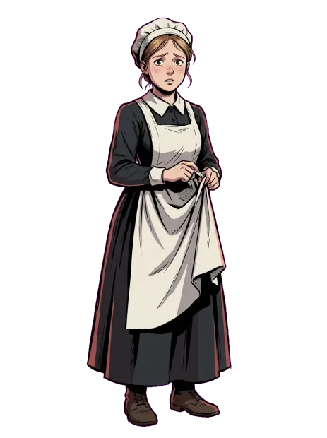 Une jeune servante en robe noire, tablier et bonnet blancs, les mains serrées l’une dans l’autre.