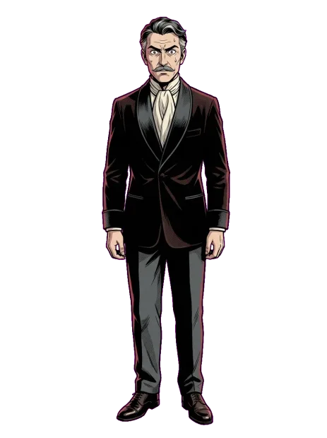 Un homme brun à moustache, en veste de velours sombre et lavallière.