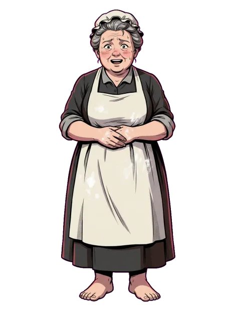 Une femme corpulente aux cheveux gris, en robe noire et grand tablier blanc de cuisinière.